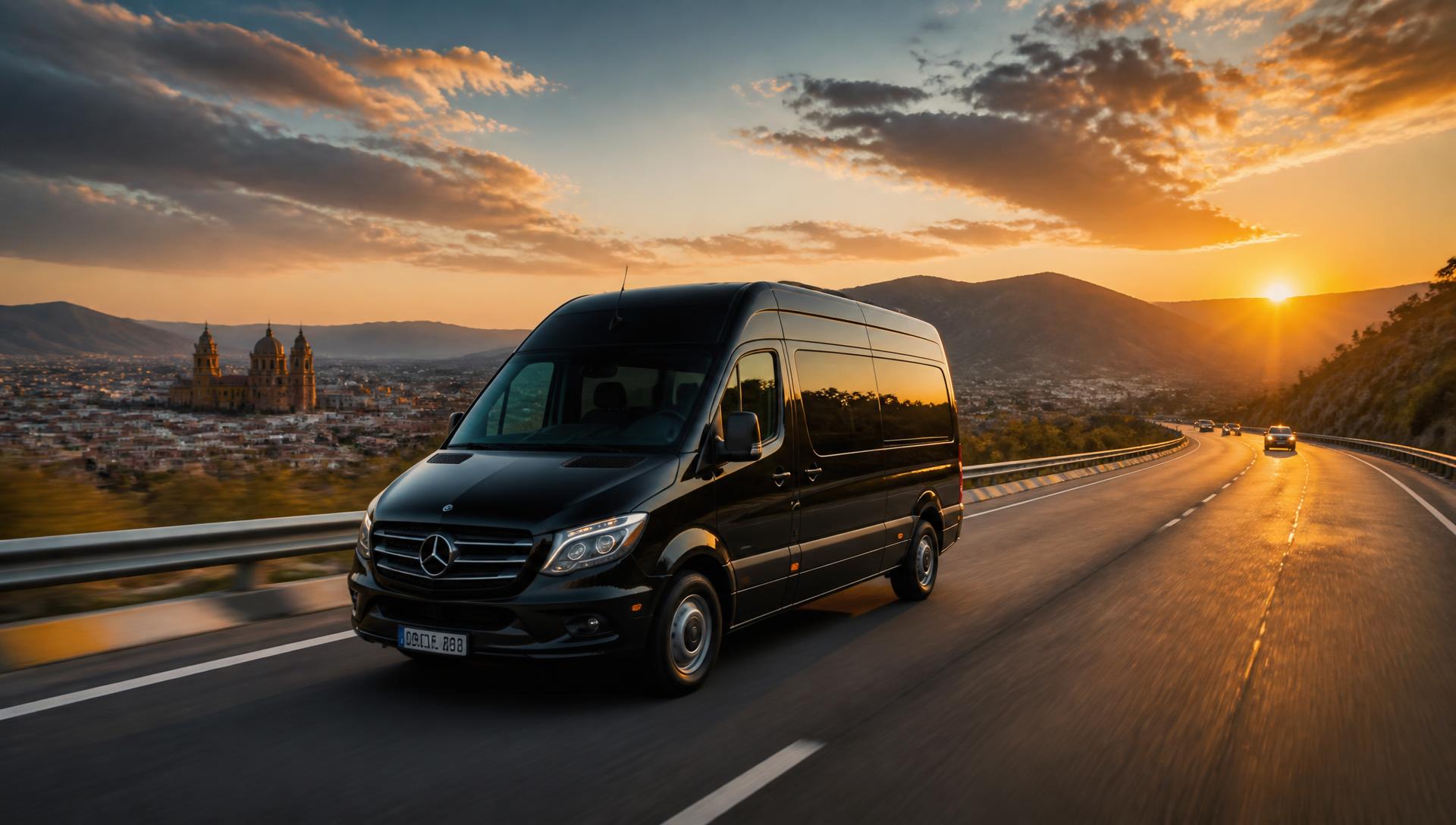 Premium passenger van travelling a Mexican highway at sunset
